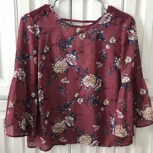 Rewind Bell-Sleeve Crochet-Back Maroon Blouse
